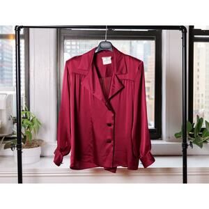 Vintage YSL Rive Gauche Burgundy Silk Satin Gathered Blouse France (Fr 42)